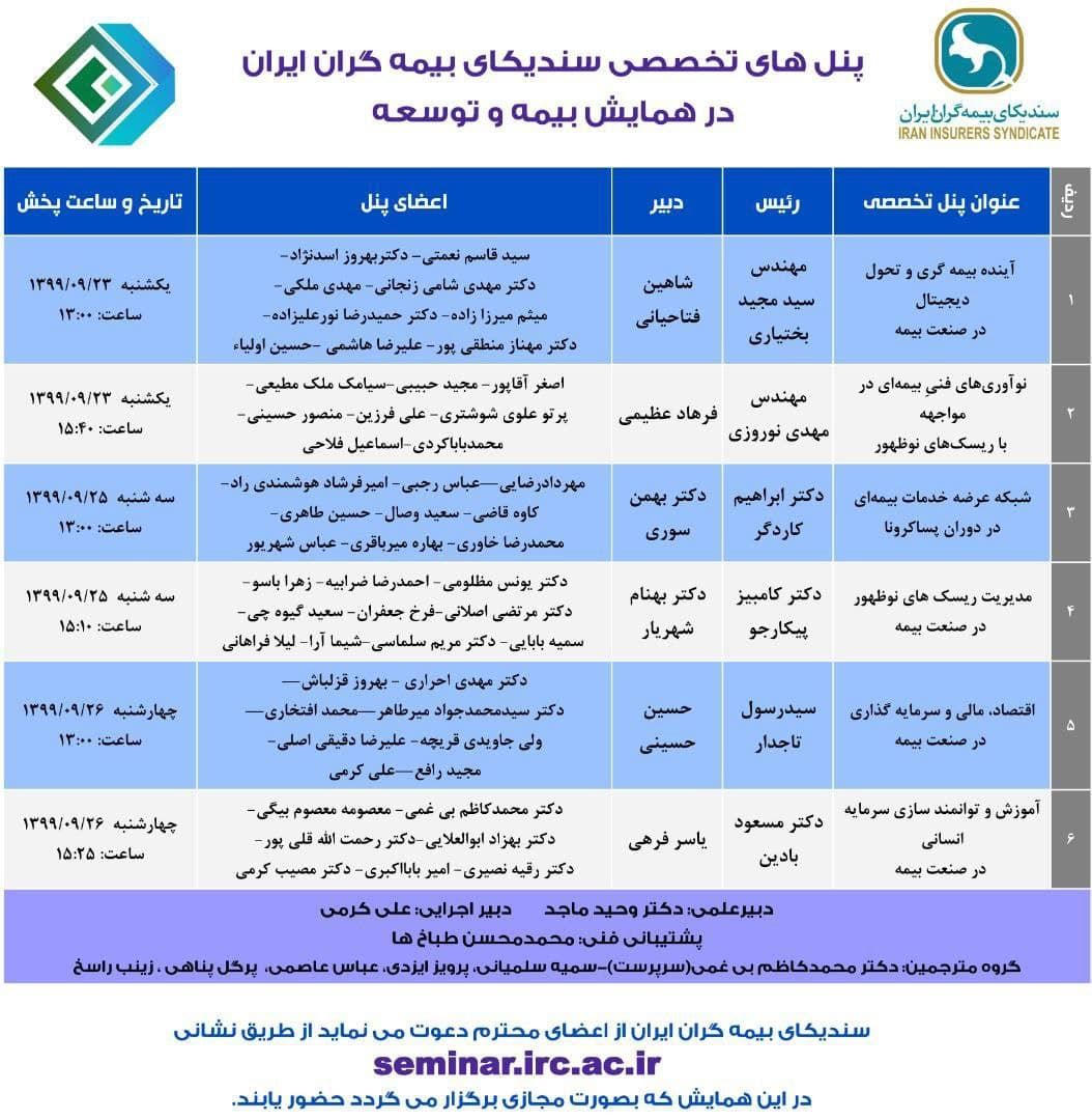 زمانبندی پخش پنل های  تخصصی سندیکای بیمه گران ایران در همایش بیمه و توسعه


